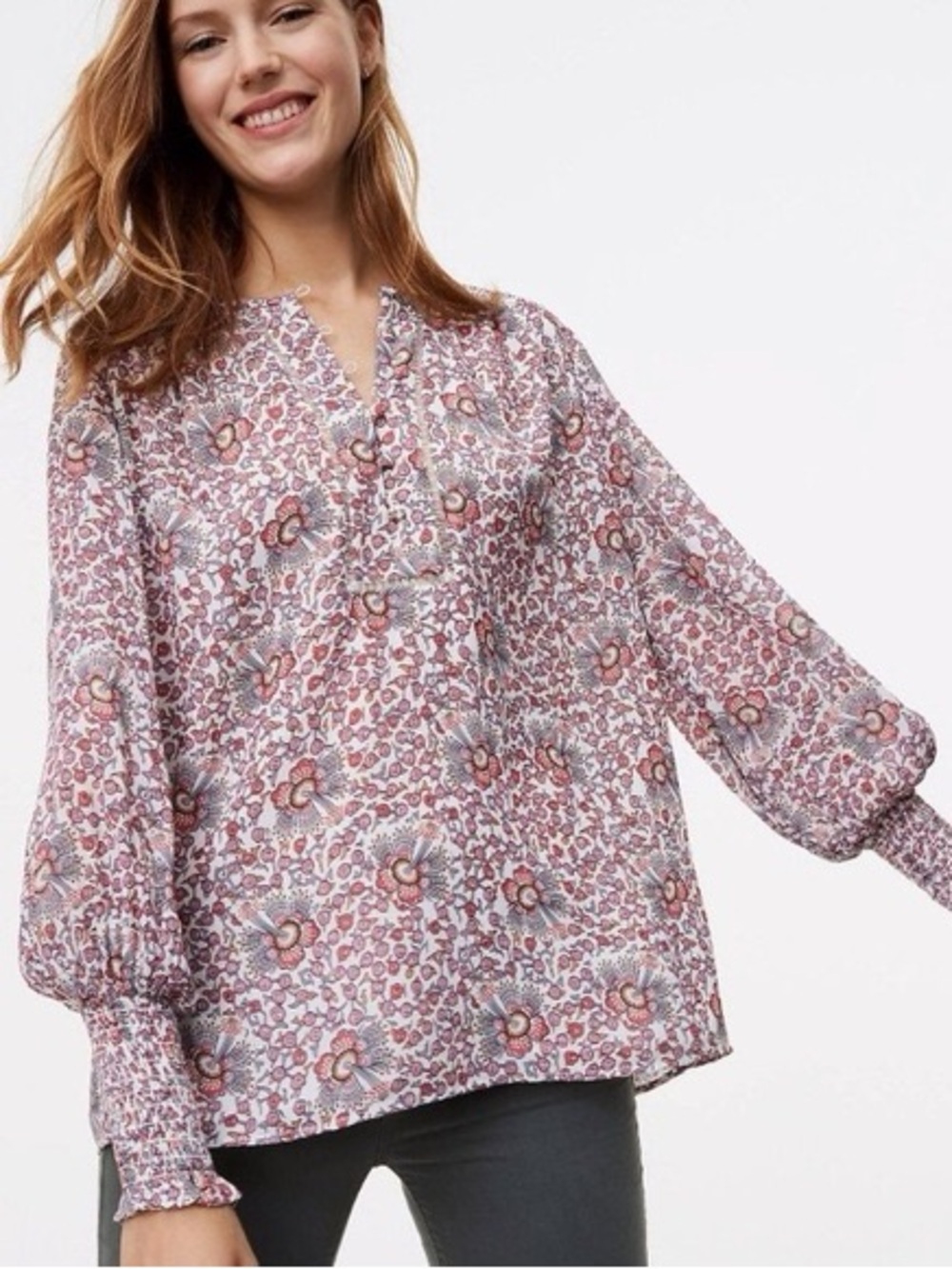 Ann Taylor LOFT Smocked Floral Blouse. Size Small Petite.